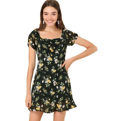 INSPIRE CHIC Women's Puff Sleeve Square Neckline Ruffle Hem Floral Dress