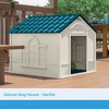 Suncast Deluxe Dog House for Dogs up to 100 Pounds with Removable Roof, Vents, Crowned Channeled Floor, and Personalization Labels, Taupe/Blue - 2 of 4