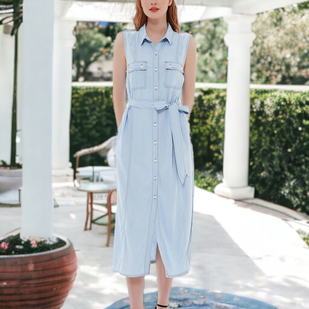 Anna-Kaci Women's Jean Shirt Dress Tied Waist Turn Down Collar Pocket Denim Dress - thumbnail 10