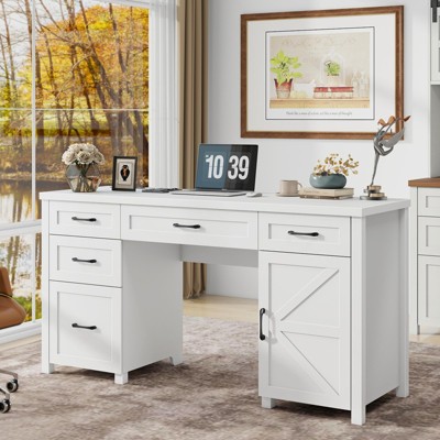 Rustic Office Desk Computer Desk with Charging Station, File Drawers and Storage Cabinet
