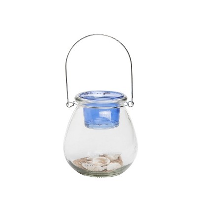 Beachcombers Blue Floating Tea Light With Sand Shells Glass Candle Holder