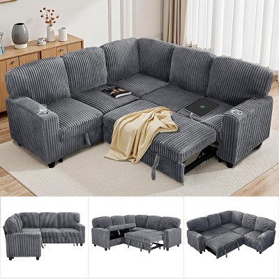 81" Convertible Corduroy Couch 5-Seat L-Shape Sofa Bed Sleeper Couch with Storage USB-C Cup Holders Memory Foam for Living Room