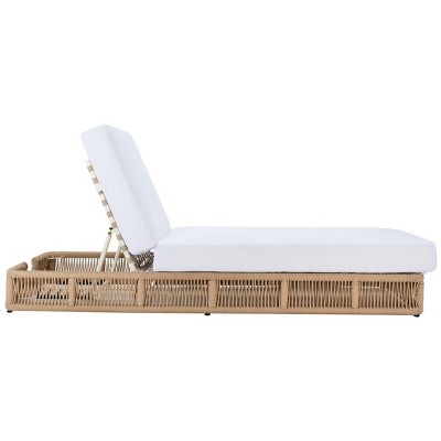 Tan Rope Wicker Armless Chaise with White Cushions