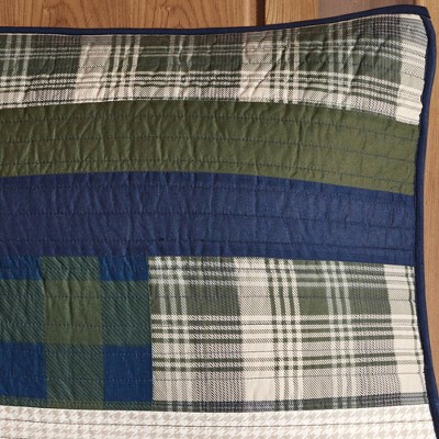 Blue and Green Plaid Cotton King Quilt Set