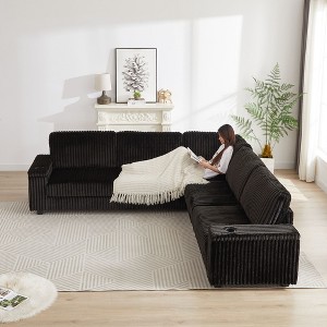 110-Inch Corduroy Corner Sofa: L-Shaped with Storage, USB/Type-C Ports, Cup-Holders - Deep Seat Comfort for Living Room - 1 of 4