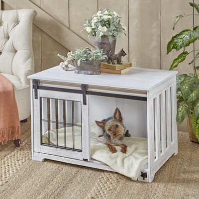 Rustic White Small Barn Door Pet Crate Table