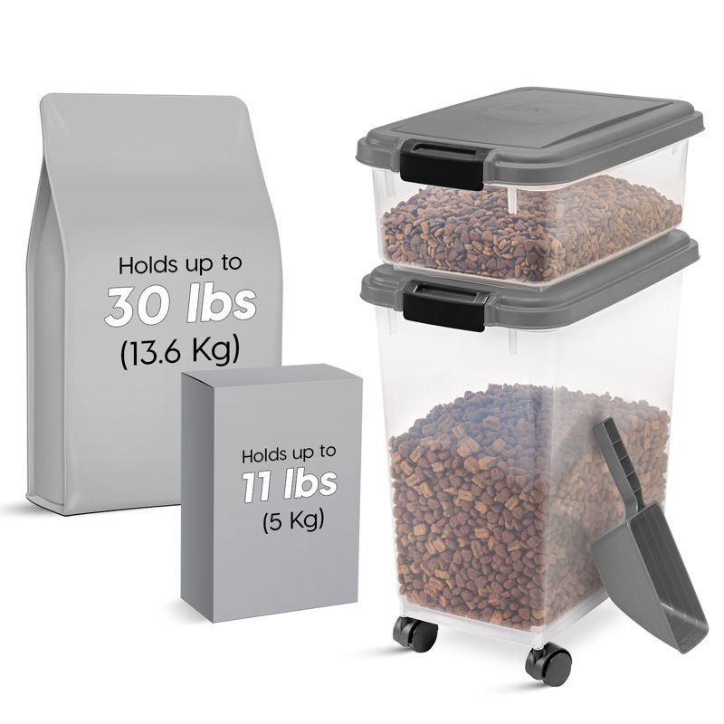 IRIS USA 30lbs + 11lbs Airtight Pet Food Storage Container Combo with Scoop and Casters, up to 41lbs, 1 of 10