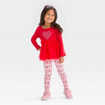 Toddler Girls Red & Pink Heart Leggings Valentines Day Stretch