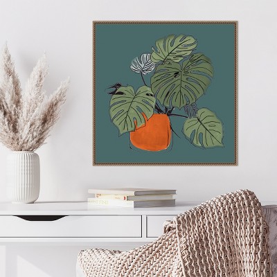 Retro Potted Plant on Teal Canvas Wall Art with Bronze Frame