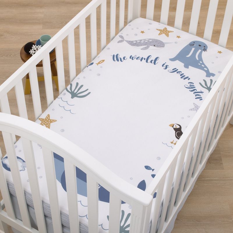 NoJo Arctic Adventure Light Blue, White, and Navy Whales, Narwhal, and Walrus "The World is your Oyster" 100% Cotton Photo Op Fitted Crib Sheet, 3 of 6