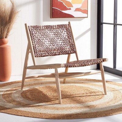 Cognac Leather & Natural Wood Handcrafted Slipper Accent Chair