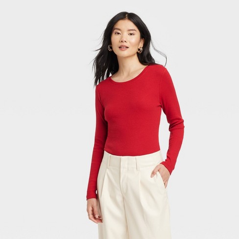 Women's Long Sleeve Ribbed T-shirt - A New Day™ Red L : Target