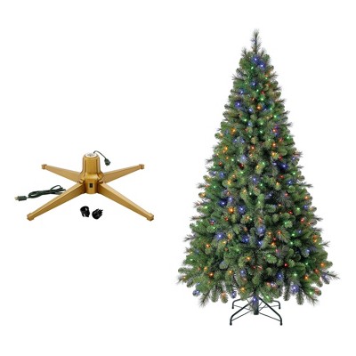 Home Heritage 1-1.5" Artificial Christmas Tree Base Rotating Metal Stand with Cascade Quick Set 7 Foot 450 LED Pre-Lit Artificial Christmas Tree