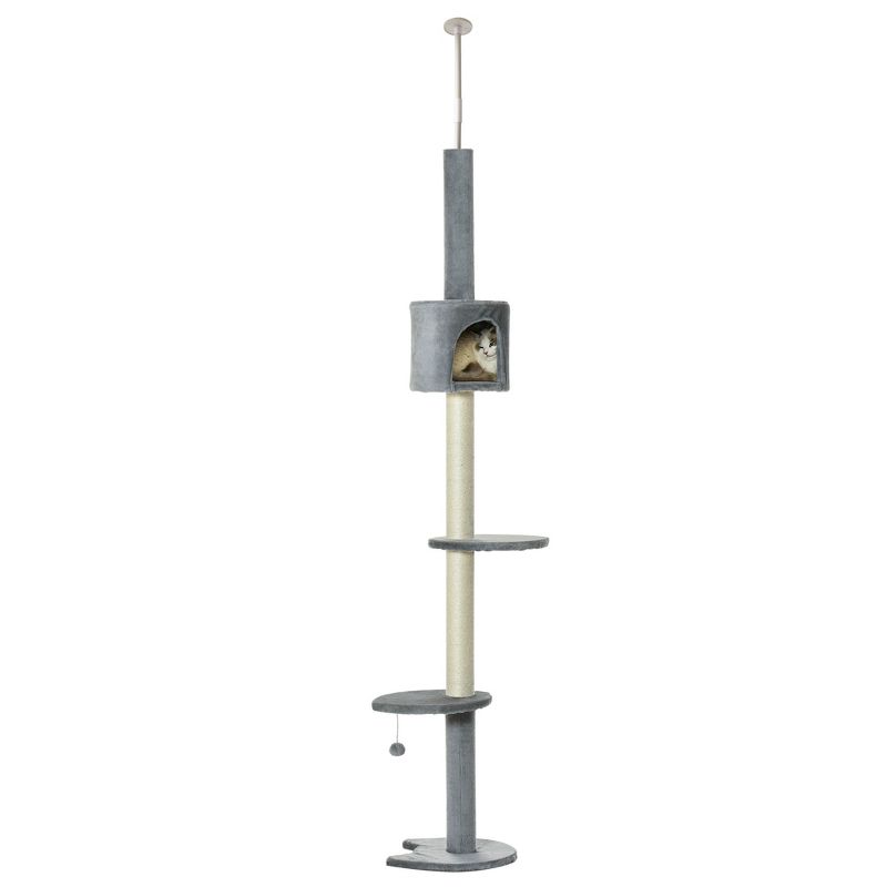 PawHut 85.5" Cat Tree Height Adjustable Floor-to-Ceiling 4-Tier Kitty Climbing Activity Center Condo Cat Toy with Scratching Post Hanging Balls Gray, 4 of 9