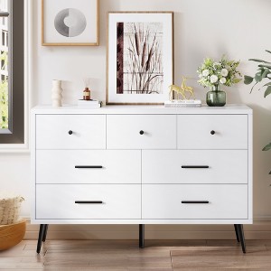47inch White 7 Drawer Dresser, Double Dresser Chest of Drawers, Modern Wood Storage Organizer with Black Metal Handles & Anti-Tipping Device - 1 of 4
