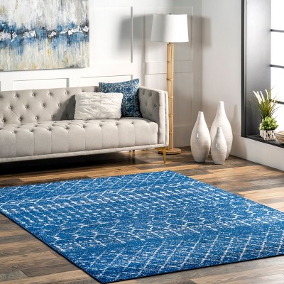 Distressed Moroccan Trellis 4' Square Blue Synthetic Area Rug