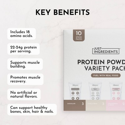 Just Ingredients Protein Powder Stick Variety Pack - 4 Flavors - 12.77oz/10ct