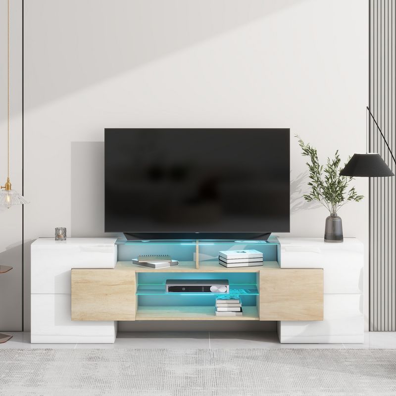 Versatile TV Stand for TVs up to 80" with 2 Lighted Glass Shelves and LED Color Changing Lights - ModernLuxe, 2 of 13