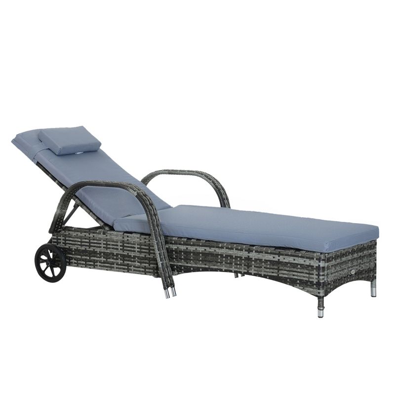 Outsunny Patio Wicker Chaise Lounge, PE Rattan Outdoor Lounge Chair with Cushion, Height Adjustable Backrest & Wheels, 5 of 10