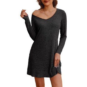 Ekouaer Womens Nightgown Long Sleeve Rib Knit Pajama Dress V Neck Soft Loungewear Sleepwear - 1 of 4