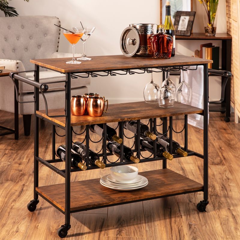 Best Choice Products 45in Industrial Wood Shelf Bar & Wine Storage Service Cart w/ Bottle & Glass Racks, Locking Wheels, 3 of 11