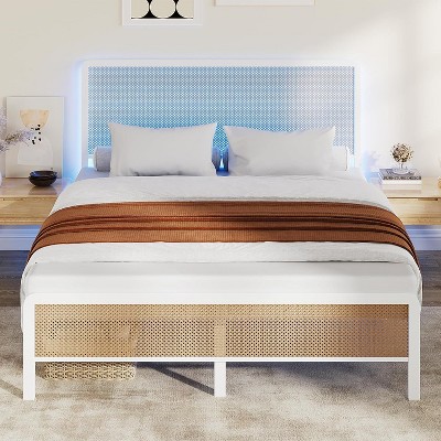 Full Size Rattan Bed Frame with Headboard, Modern Style Cane Boho Bed Frames with Heavy Duty Sturdy Steel Slat Support, No Box Spring Needed, White