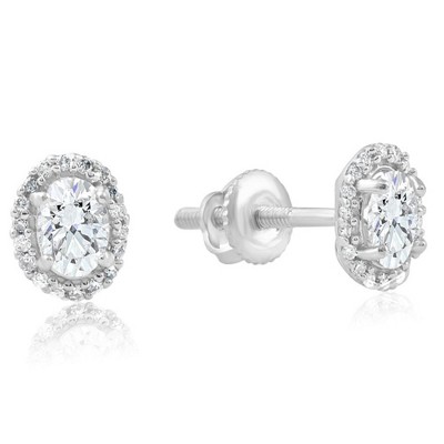 Pompeii3 1/2Ct TW Oval Shape Halo Diamond Studs 10k White or Yellow Gold Earrings