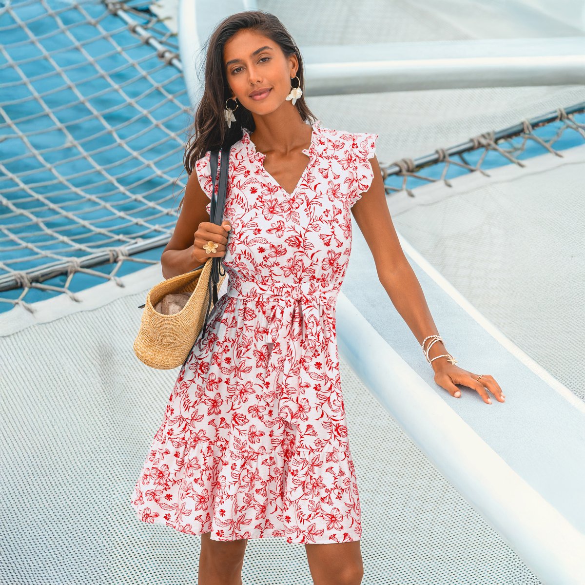 Женские платья Cupshe Women's Floral Print Dress with Ruffled Details-L-Red — фото 4