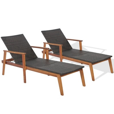 Tangkula 2PCS Adjustable Patio Rattan Lounge Chair  Recliner Outdoor Chaise Acacia Wood Frame