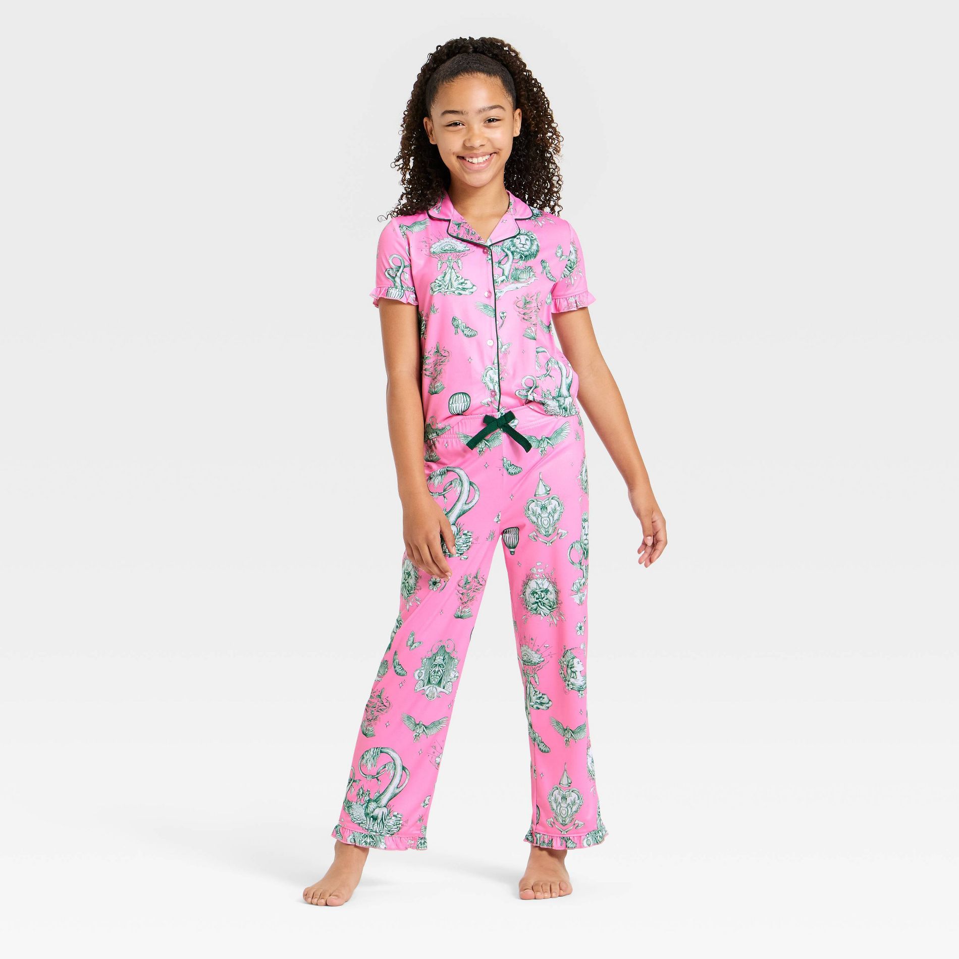 Girls' Wicked x Katie Kime 2pc Short Sleeve Button-Down Shirt and Pants Pajama Set - Pink