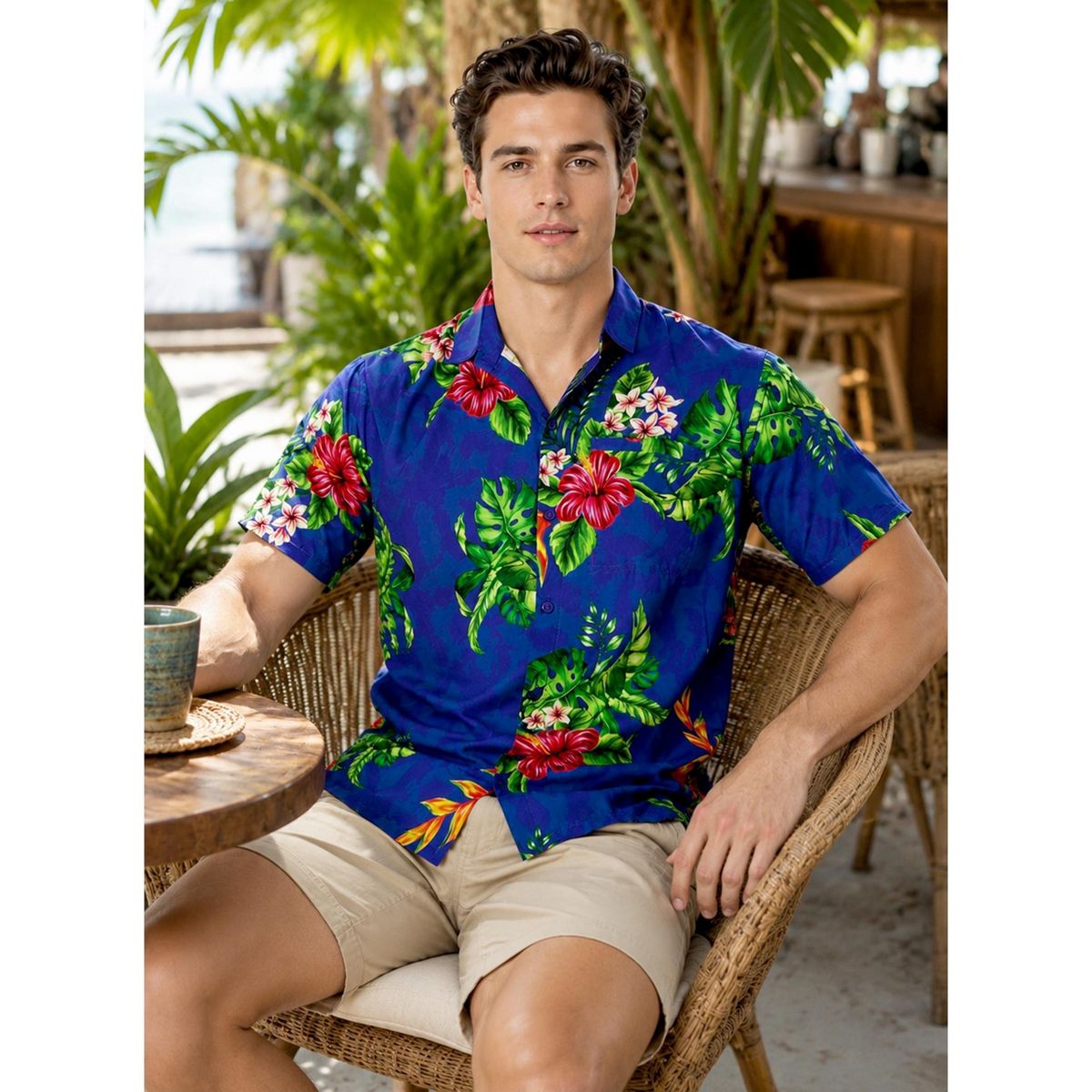 HAPPY BAY Mens Hawaiian Shirts Short Sleeve Button Down Shirt Floral Shirt Men Casual Holiday Summer Party Caribbean Shirts Funny 3XL Blue,Leaf - thumbnail 3
