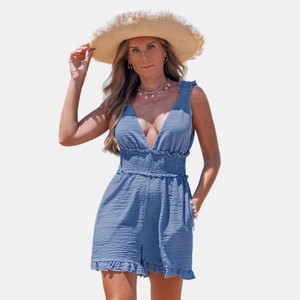 Women's Chic Textured Ruffle Trim Romper with Plunging Neckline - Cupshe - 1 of 4