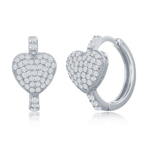Bella Silver Sterling Silver Mircro Pave CZ Heart Huggie Hoop Earrings - Silver - 1 of 2
