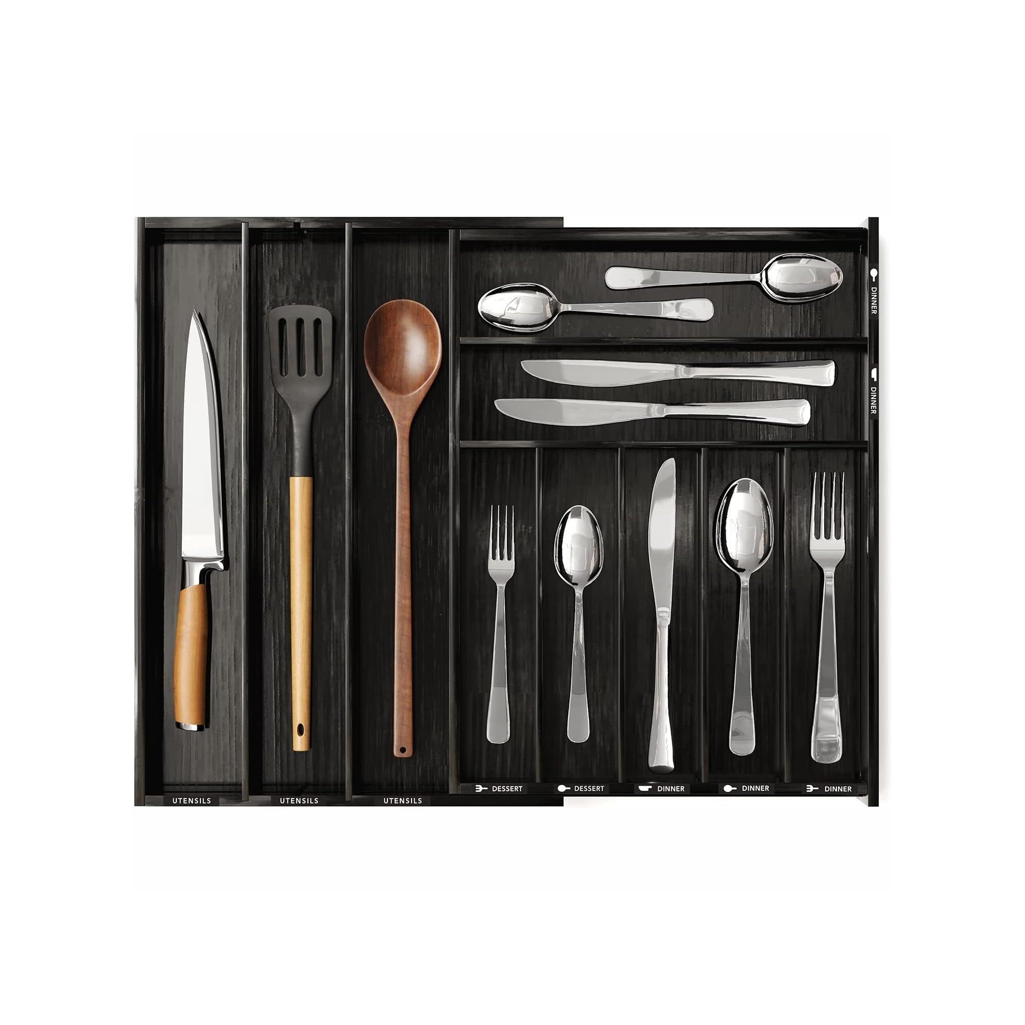 Bamboo Silverware Drawer Organizer with Labels, Expandable(Black, 10 Slots)