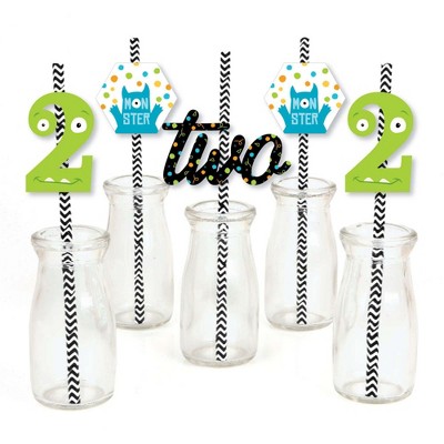 Big Dot of Happiness 2nd Birthday Monster Bash - Paper Straw Decor - Little Monster Second Birthday Party Striped Decorative Straws - Set of 24