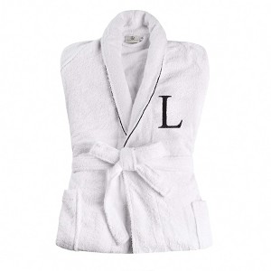 Modern Cotton Absorbent Traditional Adult Unisex Solid with Monogram Bath Robe by Blue Nile Mills - 1 of 4