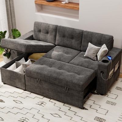 Couches for Living Room, Sofa Bed for Living Room with Hidden Storage Armrests, L-Shaped Sleeper Sofa with Cup Holders and USB Charging Ports