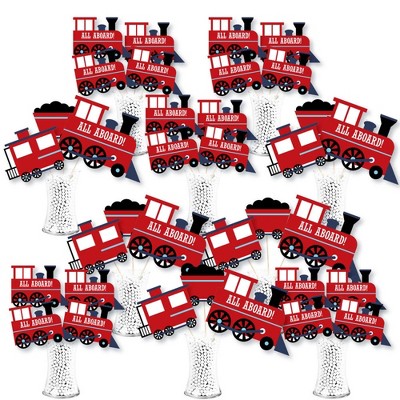 Big Dot of Happiness Railroad Party Crossing - Steam Train Birthday Party or Baby Shower Centerpiece Sticks - Showstopper Table Toppers - 35 Pieces