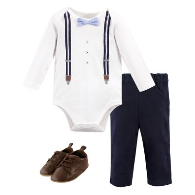 Little Treasure Baby Boy Cotton Bodysuit, Pant and Shoe 3pc Set, Suspenders