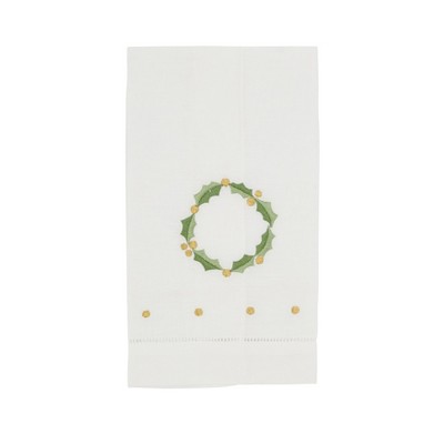 Saro Lifestyle Holly Leaf Wreath Embroidery Christmas Hemstitched Linen Cotton Guest Towel  (Set of 4), 14"x22", White
