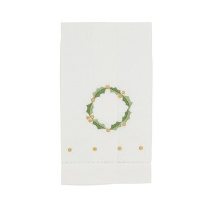 Saro Lifestyle Holly Leaf Wreath Embroidery Christmas Hemstitched Linen Cotton Guest Towel  (Set of 4), 14"x22", White - 1 of 2