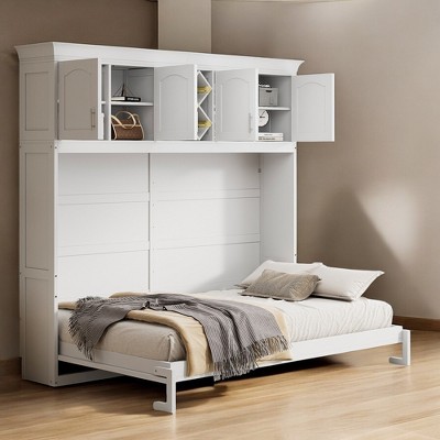 Mshliw Queen Size Murphy Wall Bed with Top Cabinets and Wine Rack, Space-Saving Wall Bed with Folding Mechanism for Home Office or Studio