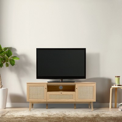 Finley 59" Oak TV Stand with Rattan Paneling and Storage