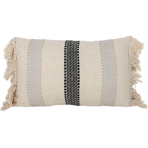 White Oversized 14x36 Hand Woven Decorative Cotton and Jute Lumbar Throw  Pillow with Hand Tied Fringe - Foreside Home & Garden