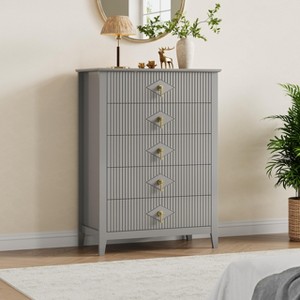 Fluted 5 Drawer Dresser for Bedroom, 42.9 Inch Tall Modern Nightstand Wooden Chest of Drawers with Gold Handles - 1 of 4