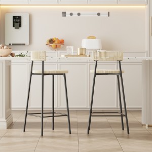 Hand Woven Paper Rope Bar Stools with Back & Footrest - Set of 2 Round Stools for Kitchen Island, Dining Room Counter - Two-Tone Black/Honey - 1 of 4