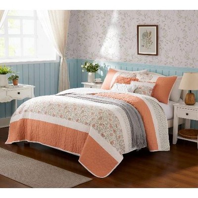 Sapphtopaz 6-Piece Cotton Percale Quilt Set, Cottage Shabby Chic Bedding with Reversible Design, Shams & Decorative Pillows, OEKO-TEX Certified