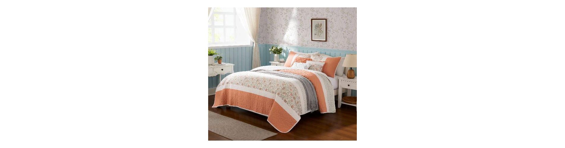 Sapphtopaz 6-Piece Cotton Percale Quilt Set, Cottage Shabby Chic Bedding with Reversible Design, Shams & Decorative Pillows, OEKO-TEX Certified