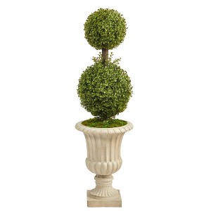 Nearly Natural 4-ft Double Boxwood Topiary Artificial Tree in Sand Finished Urn - 1 of 4