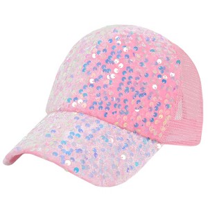 Anna-Kaci Women's Sparkly Sequin Baseball Cap Messy Low Bun Ponycap Velvet Mesh Trucker Hat - 1 of 4